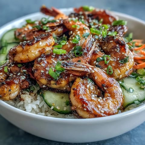Frisch zubereitetes Asian Shrimp Bowl mit saftigen Meeresfrüchten, bunten Karotten und Gurken, bedeckt mit Sesam und feurigem Sriracha auf einer Holzplatte.