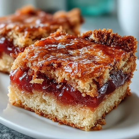 Goldene Guava Cake Bars mit zarter Kruste und rosafarbenem Fruchtfüllungsaufstrich.