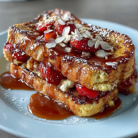 Bunter Erdbeer-Frühstücksauflauf mit Brioche und Mandeln