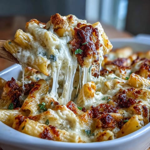 Ein Topf Cheesy Pasta Bake mit geschmolzenem Käse und würziger Tomatensauce.  