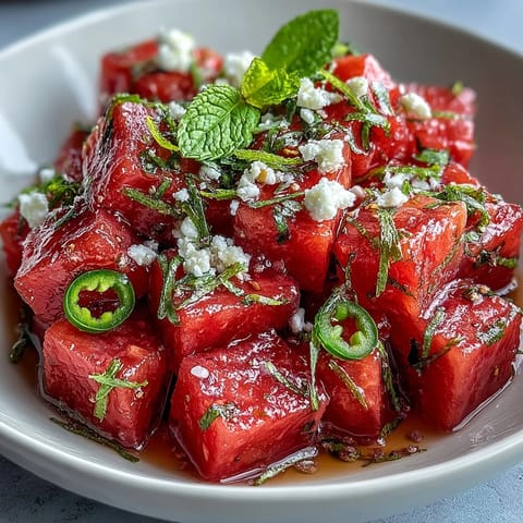 Erfrischender Wassermelonen-Chili-Limettensalat mit Minze, köstlich und voller Geschmack.