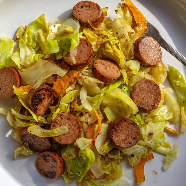 Rustikales Cabbage and Sausage Skillet, perfekt für ein schnelles Abendessen zu Hause.