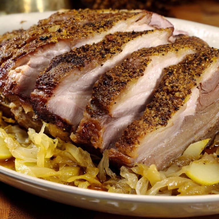 Saftiger Schweinebraten mit würzigem Sauerkraut, ideal für Familienfeiern und Festtage.