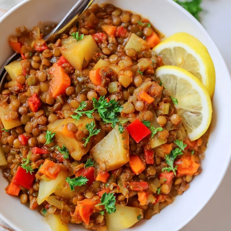Bunter One-Pot-Linseneintopf, gefüllt mit Gemüse und einer Prise frischer Petersilie.