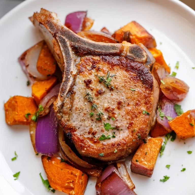 A delicious one-pan meal: juicy The Perfect Sheet Pan Pork Chop with colorful roasted root veggies.