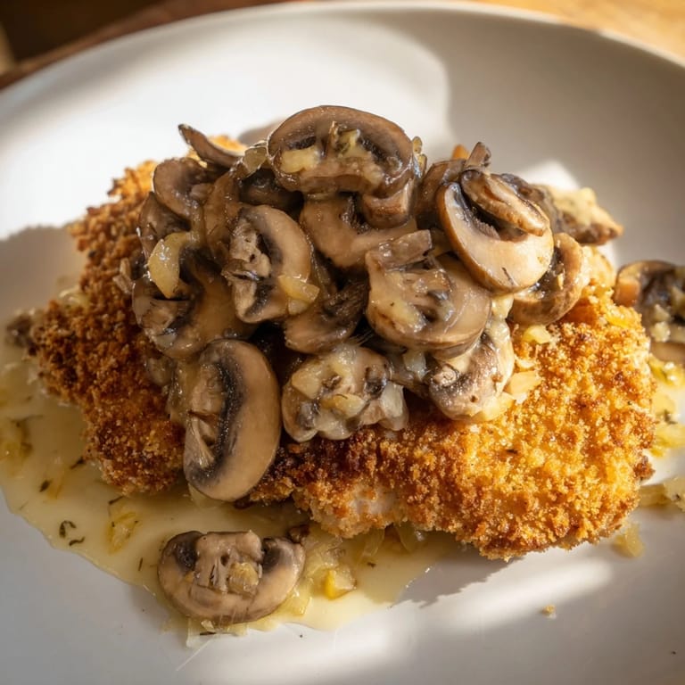 Tender pork Jaeger Schnitzel, coated in breadcrumbs, resting atop a creamy mushroom gravy.