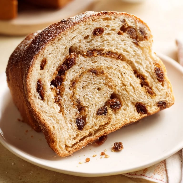 Warm, spiced Old-Fashioned German Raisin Bread, showing the moist interior, ideal with coffee.