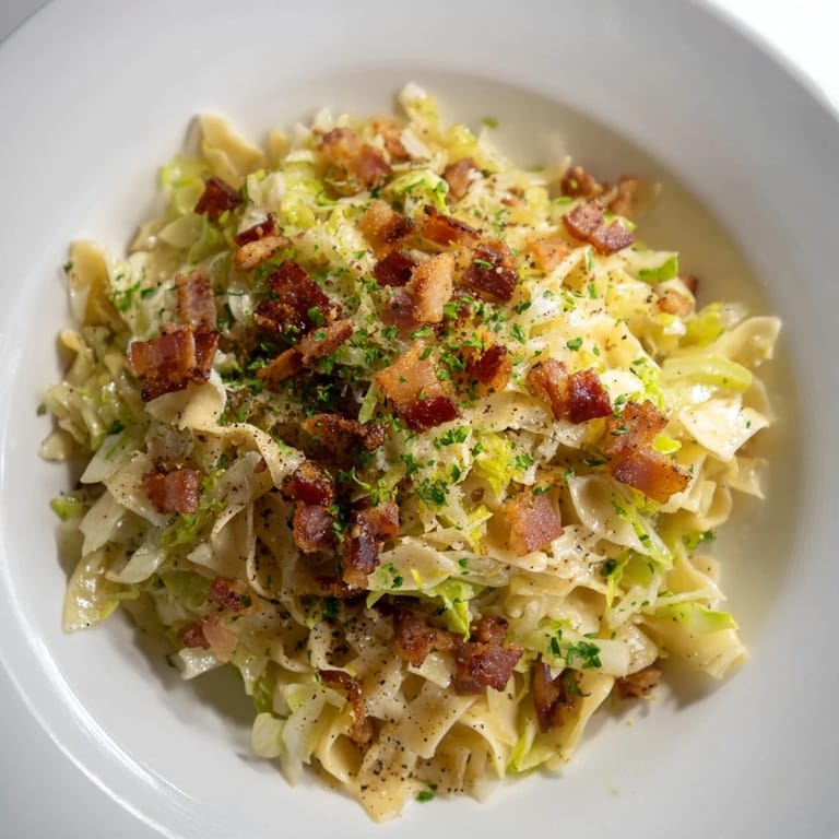 Savor the fragrant, hearty German Fried Bacon Cabbage Noodles with golden, caramelized cabbage.