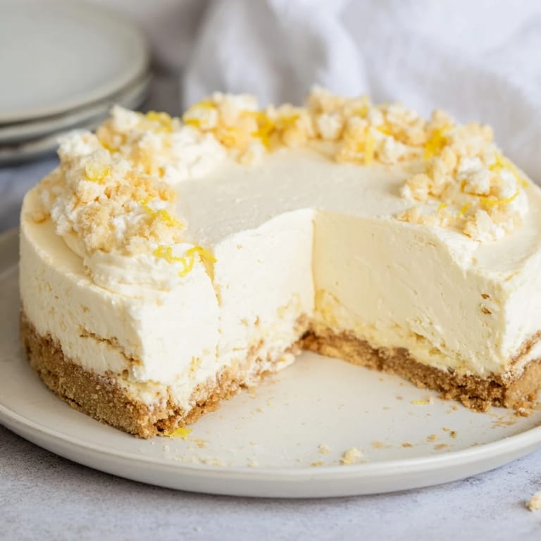 Close-up shot shows a fluffy slice of German cheesecake, perfect for a special treat.