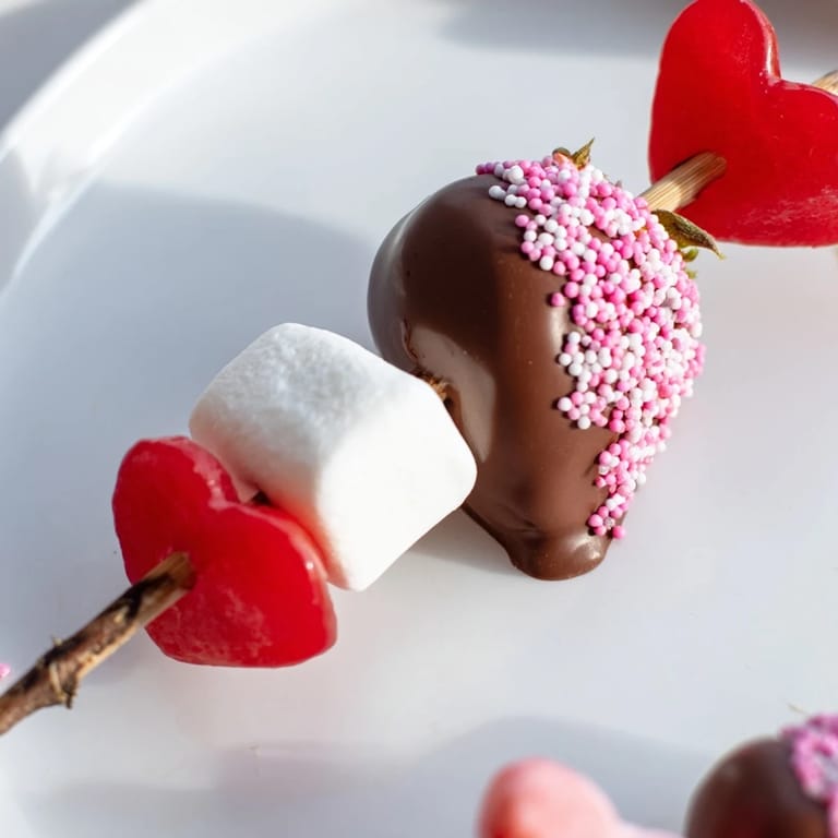 A vibrant Cupid's Arrow Candy Tray with chocolate-covered strawberries and colorful candies.