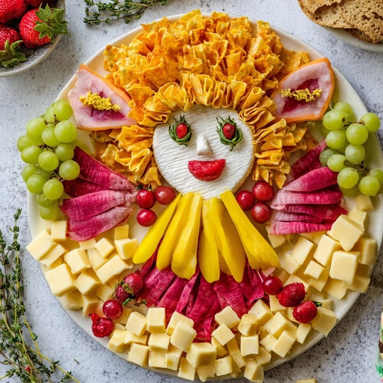 Vibrant cherub angel snack tray: strawberries, grapes, and cheeses create the angel shape for a party.