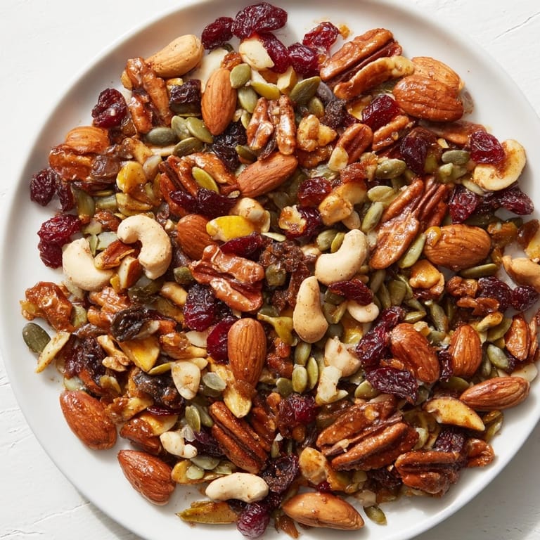 Golden, baked Nutty Nosh Squirrel Snack Mix, featuring nuts, seeds, and dried fruits for snacking.