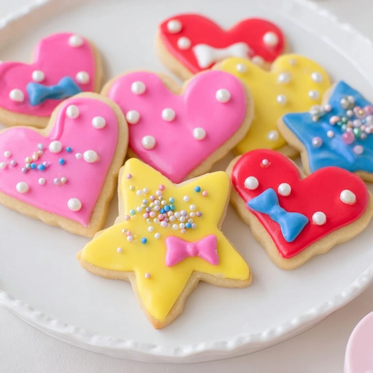 Pretty Bows Heart & Star Cookies, freshly baked, with bright icing bows and delicate sprinkles.