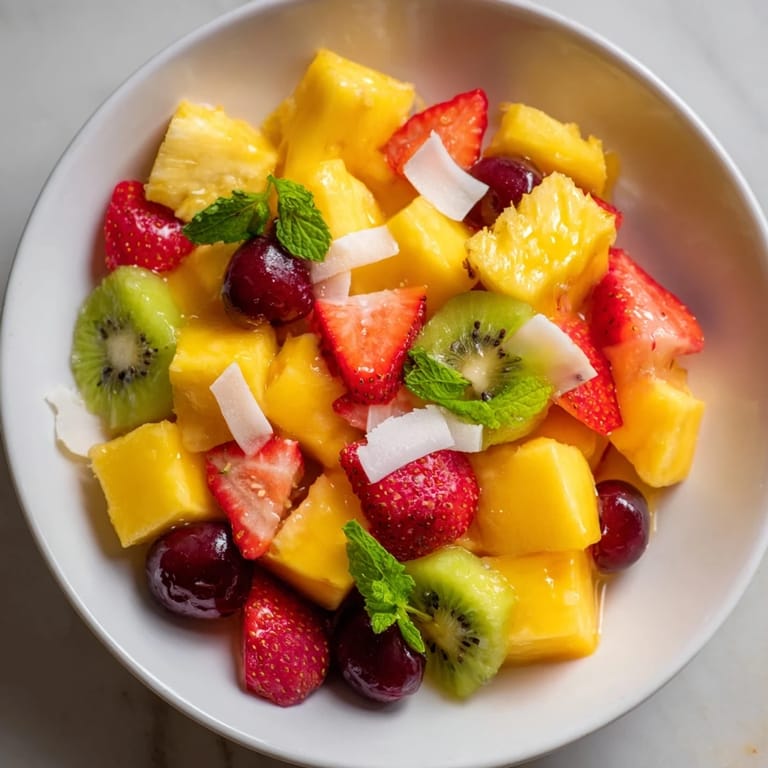 A close-up of a refreshing Tropical Bliss Pineapple Fruit Boat, perfect for a summer dessert.