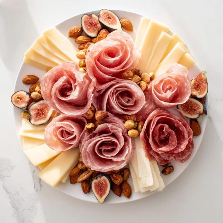 Delightful Meat and Cheese Rose Garden Board: A close-up showcases the layers of meats and cheeses for a party.