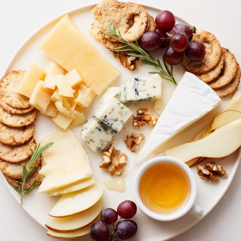 Explore this vibrant cheese plate, a delicious mix of cheeses, crackers, and honey drizzled.