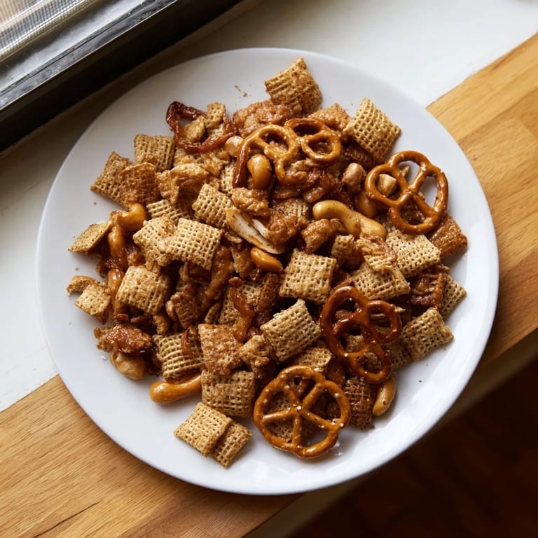 This homemade Party Mix shows a close-up of the delicious cider-glazed snack food ready to eat.
