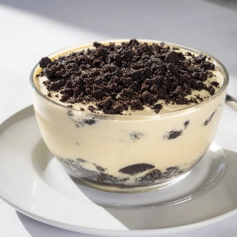 Homemade vanilla pudding recipe topped generously with crushed Oreos and ready to serve.
