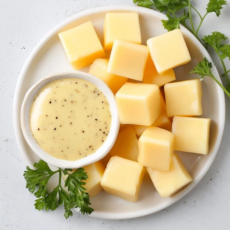 Nahaufnahme einer köstlichen Käseplatte mit Gouda-Würfeln und cremiger Senf-Dip-Sauce.