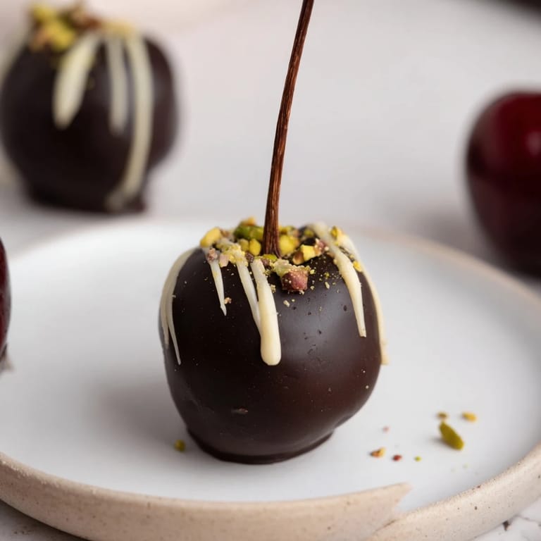 Close-up of shiny, dark Chocolate-Covered Cherry Dessert Bites; perfect for a dessert buffet centerpiece.