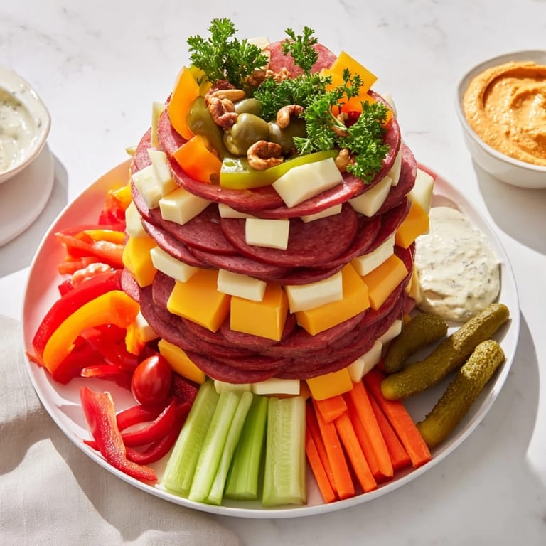 A photo of a Tailgate Party Power Stack with colorful layers of savory meats and cheeses.