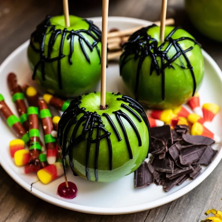 Festive party board, featuring glossy poison apples alongside sweet and savory Halloween snack choices.