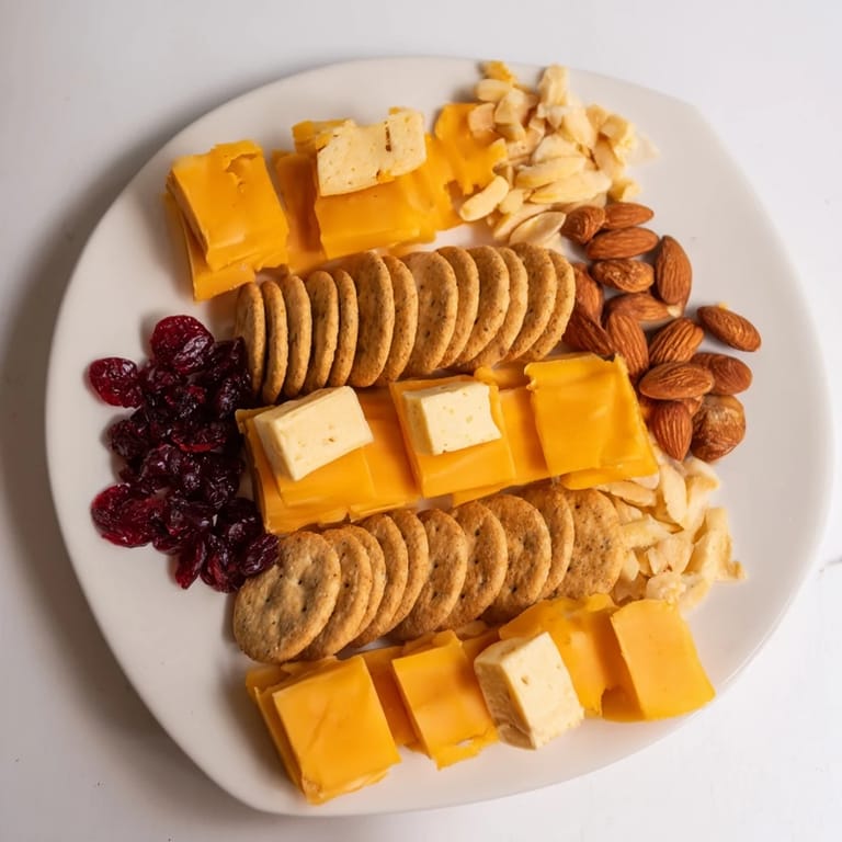 A close-up of The Work From Home Desk Treat: cheese cubes stacked neatly on crackers with almonds.