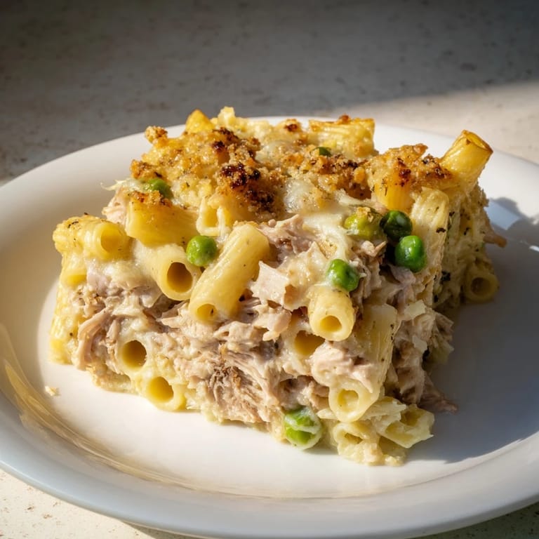 Ein Blick auf den herzhaften Feuchtigkeitsmacher-Pasta-Auflauf, mit geschichtetem Käse und saftigem Truthahn.