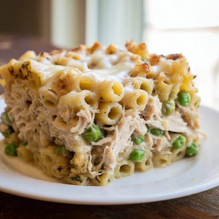 Ansicht des köstlichen Feuchtigkeitsmacher-Pasta-Auflaufs, der mit geschreddertem Huhn belegt und von einer leckeren Soße bedeckt ist.