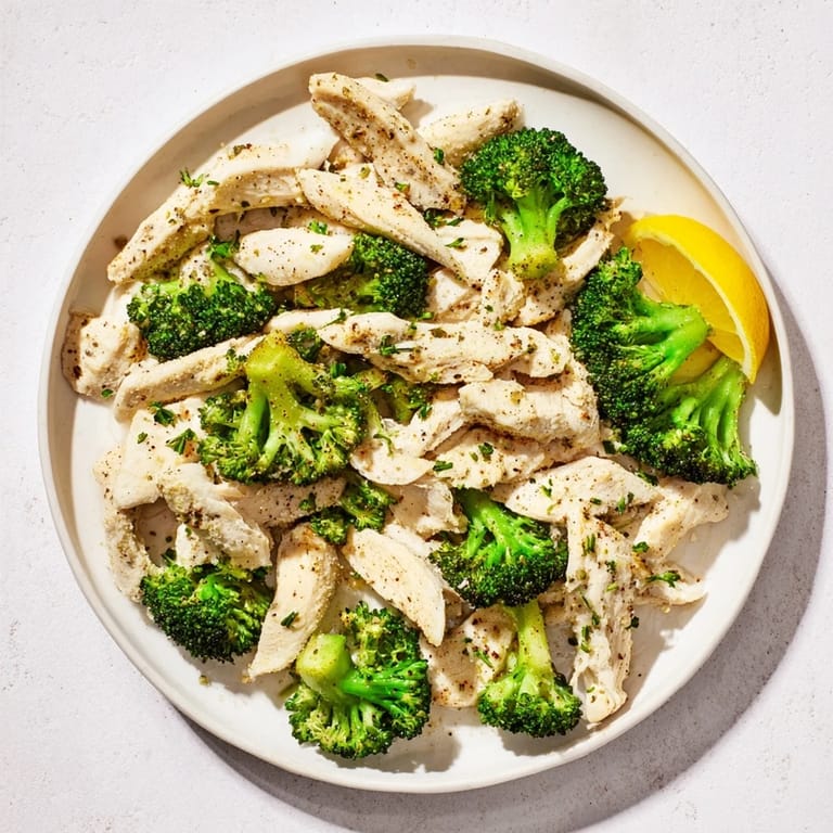 This image shows Microwave-Steamed Chicken and Broccoli, juicy with seasoning, ready to be served.