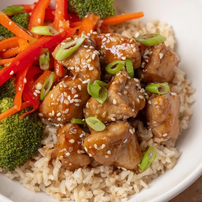Warmes, dampfendes Teriyaki-Hühnchen und Reis, ein farbenfrohes Essen mit knackigem Gemüse und Sesam.