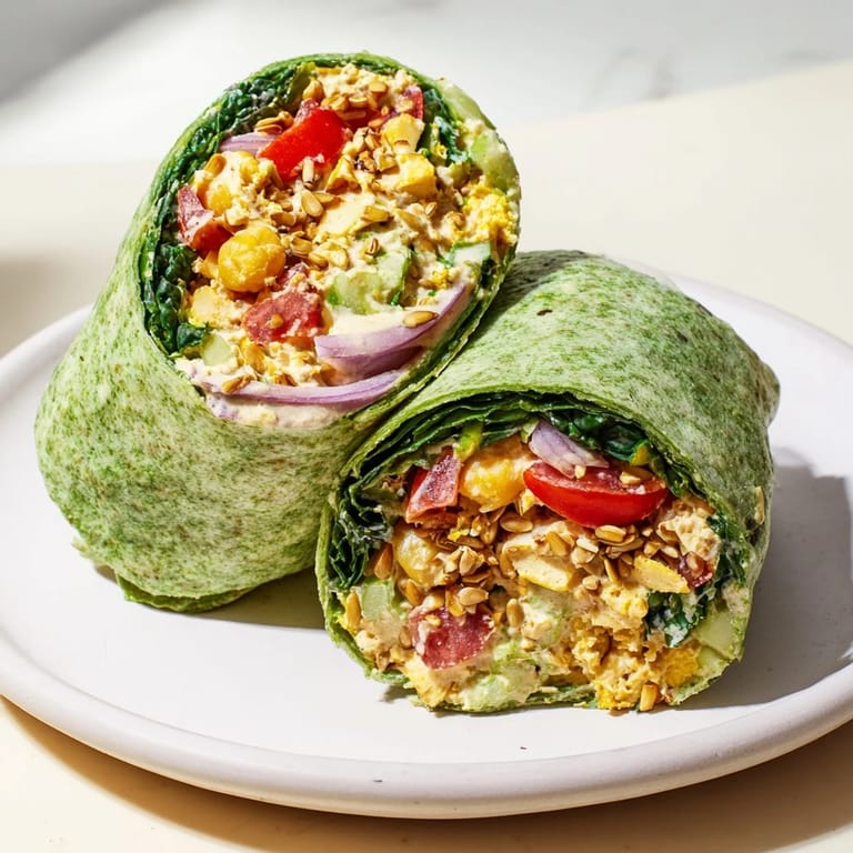 A delicious, fresh High-Protein Chicken-less Caesar wrap, perfect for a quick, healthy lunch.