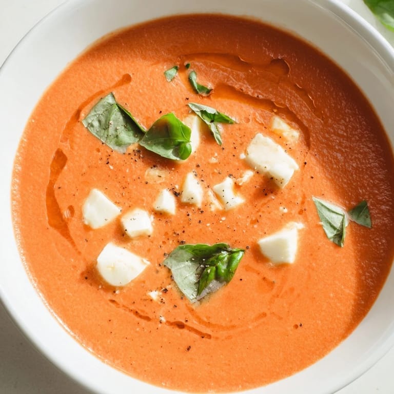 Rich, flavorful creamy tomato mozzarella soup, garnished with fresh basil, perfect for dinner tonight.