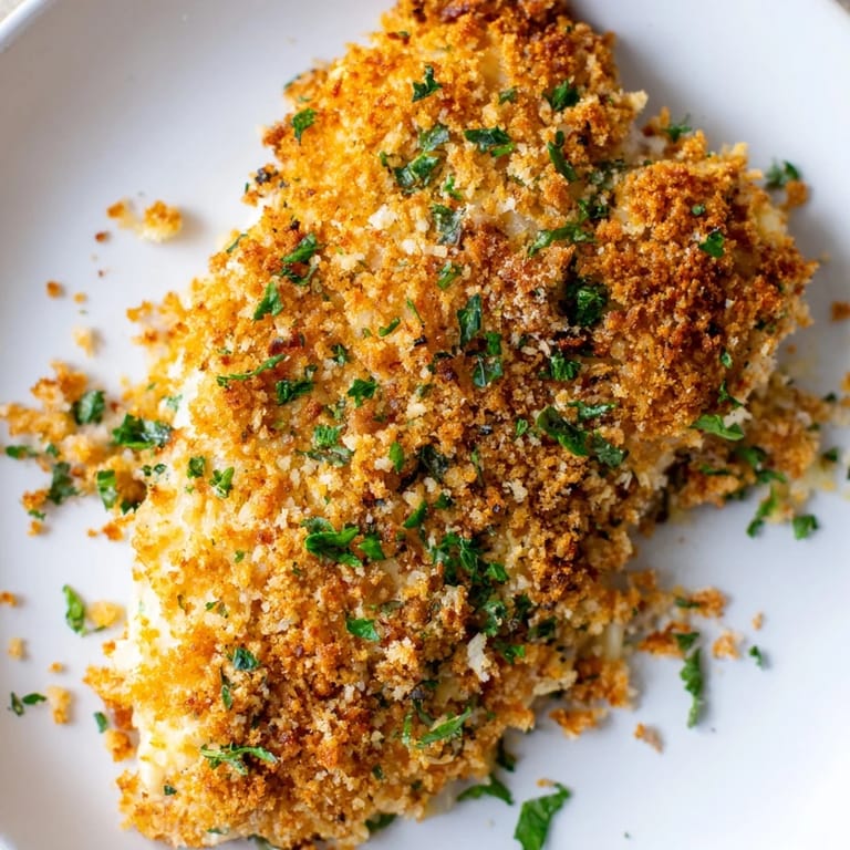 Melted cheese tops juicy, tender cheesy baked chicken breast with crispy breadcrumbs, a comforting classic.