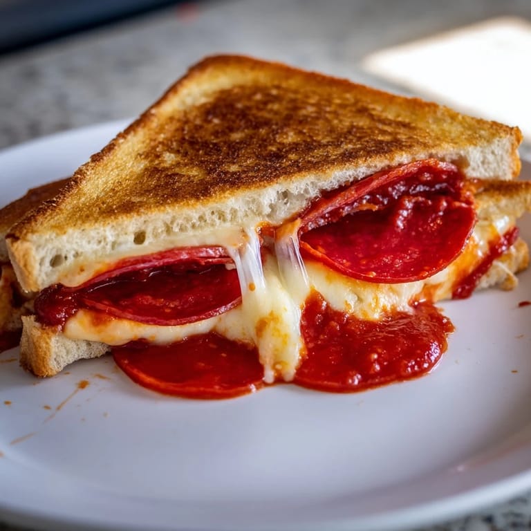Verlockendes Bild von goldbraun geröstetem Brot gefüllt mit saftigem Pizza Grilled Cheese.