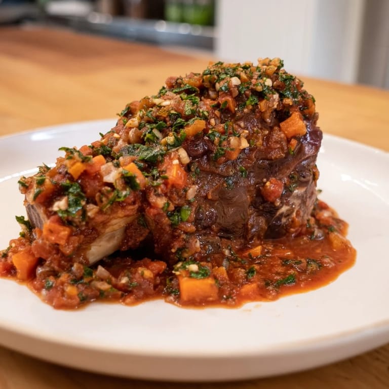 Melt-in-your-mouth Osso Buco, braised veal shanks, plated beautifully for a comforting dinner.