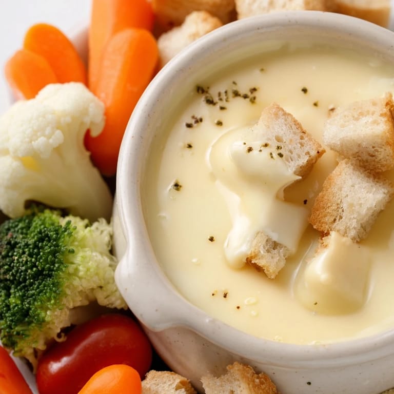 Creamy Swiss cheese fondue with bread cubes and fresh vegetables, ready for dipping and enjoying.
