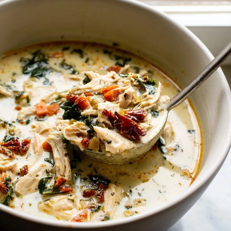 Mageres Hähnchenfleisch und frische Spinatblätter schwimmen in einer würzigen Sahnebrühe mit würzigen Sonnengetrockneten Tomaten.