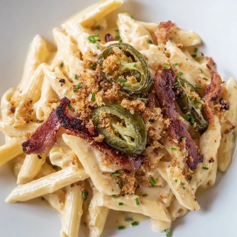 Hearty jalapeño popper pasta tossed in a creamy cheese sauce with roasted jalapeños and crunchy bacon garnish.
