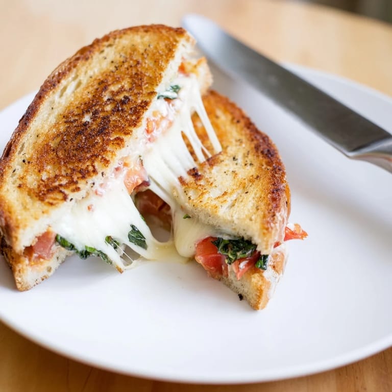 Plated Tomato Basil Grilled Cheese with golden crust, melted mozzarella, and vibrant basil leaves, ideal for a cozy lunch.