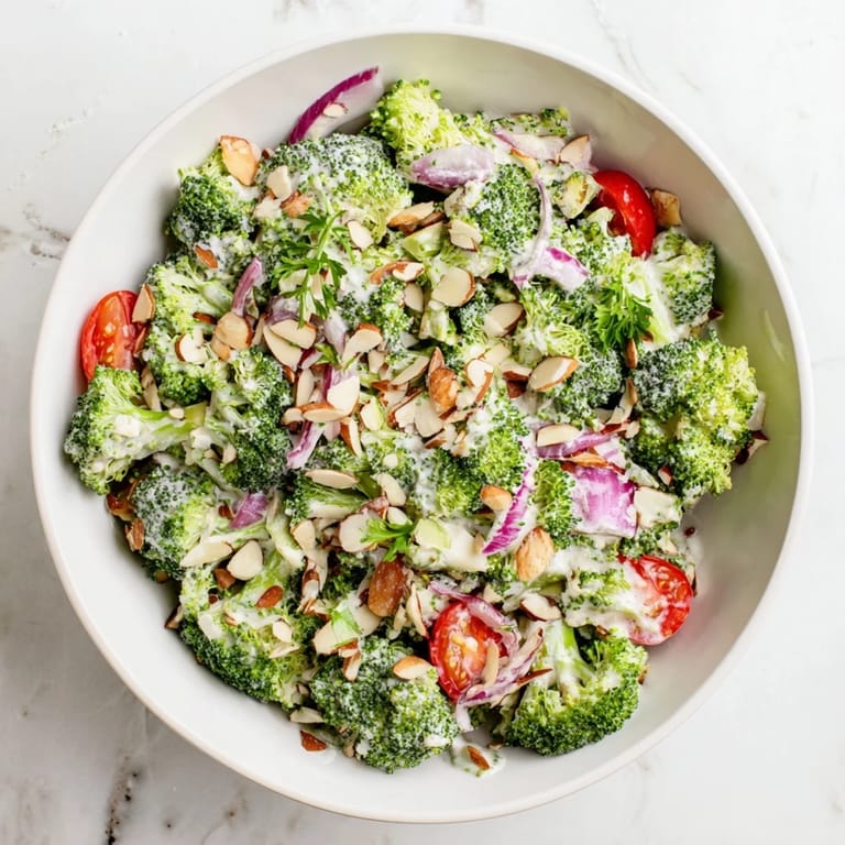 Saftige Kirschtomaten und rote Zwiebeln verleihen diesem vegetarischen Garlic Parmesan Broccoli Salad Farbe und Biss.