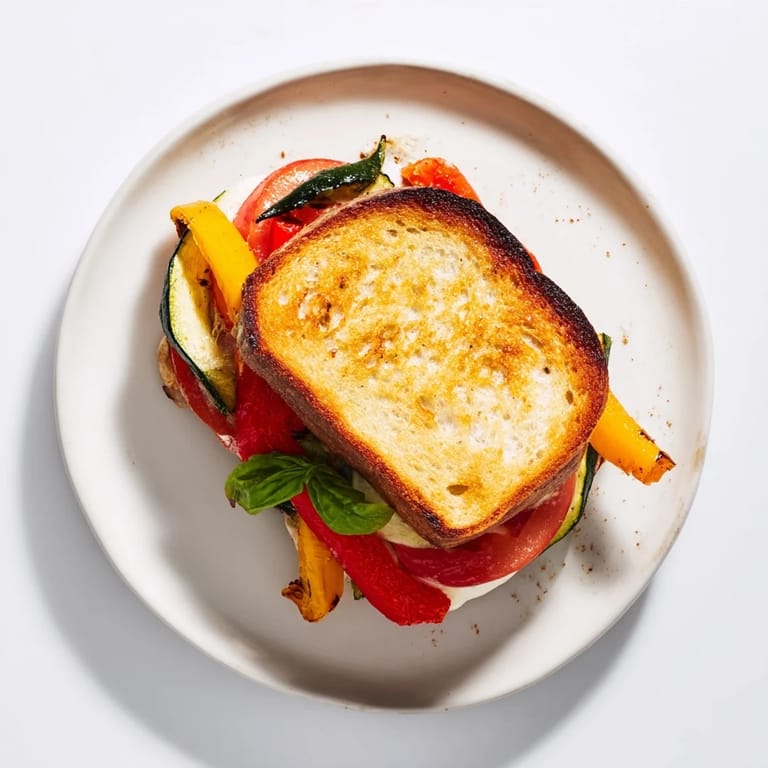 Köstlicher Röstgemüse Caprese Grilled Cheese mit zucchini und Paprika, auf knusprigem Brot serviert und mit Balsamico beträufelt.