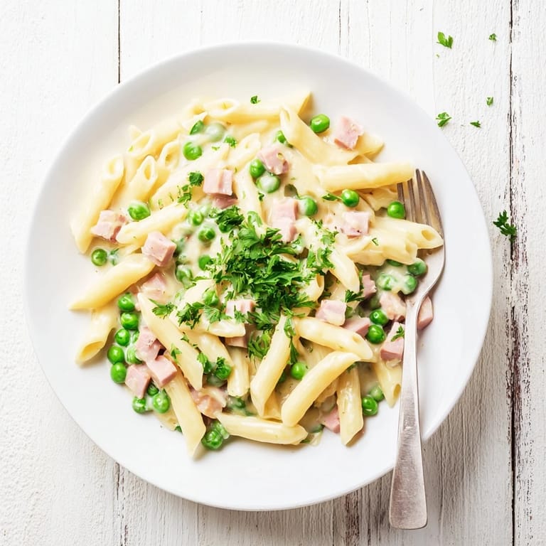 Eine farbenfrohe Schüssel mit Spring Pea & Ham Pasta, perfekt serviert mit knusprigem Brot und Weißwein.