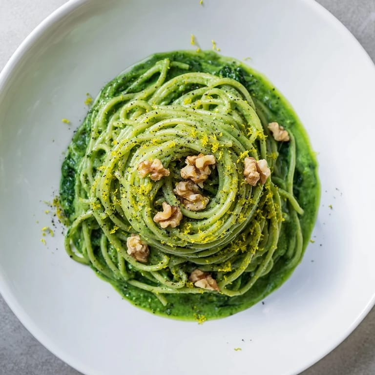 Steaming plate of Creamy Spinach Walnut Pasta tossed in a luscious, nutty spinach sauce, served as a hearty main.