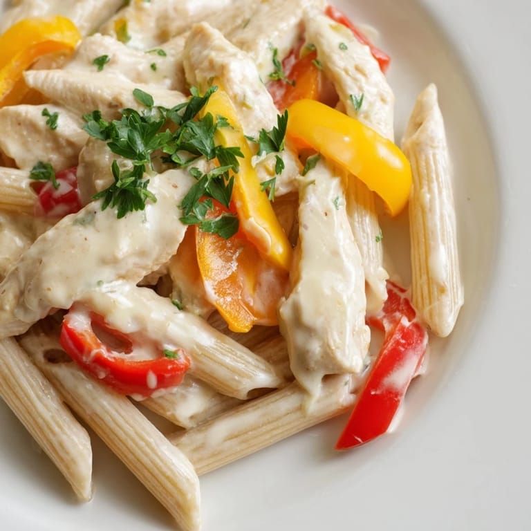 In this lighter version of Cajun chicken pasta, golden seared chicken strips and crisp red and yellow bell peppers mingle with creamy sauce and whole wheat penne for a satisfying, lower calorie meal.