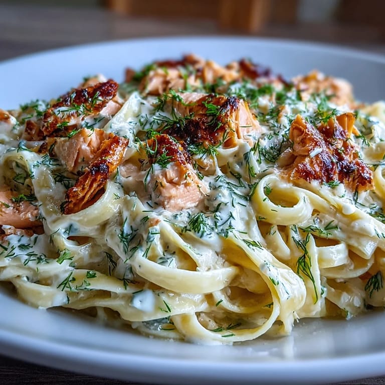 Rich salmon pasta with Parmesan and lemon juice in a creamy sauce, ready to serve for dinner
