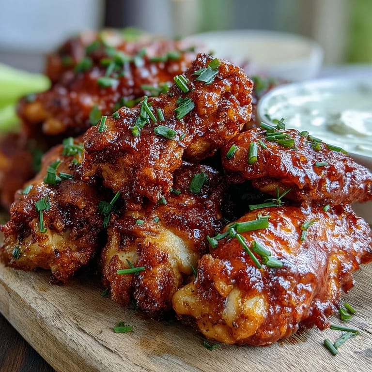A plate of Fried Chicken Wings tossed in sweet Thai chili glaze and lime, garnished with scallions for a tangy bite.