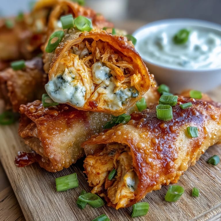 Knusprige Buffalo Chicken Egg Rolls aus der Fritteuse, dampfend und mit Blaukäse-Dip zum Teilen