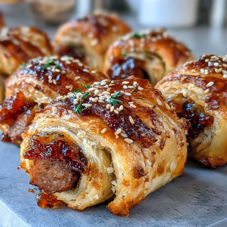 Goldene Pepper Jelly Hogs in a Blanket mit rauchigen Mini-Saucen und glasierter Oberfläche auf Pergamentpapier.