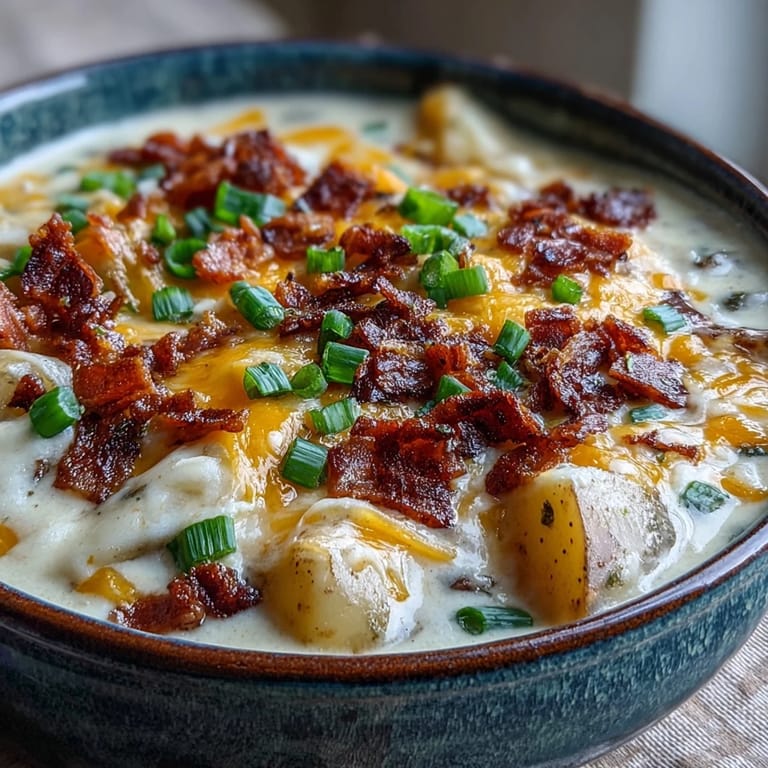 Steaming Loaded Potato Soup in a white bowl, garnished with crumbled bacon and shredded cheese.